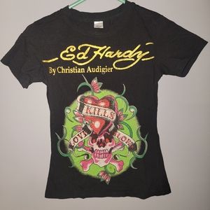Ed Hardy by Christian Audigier Green T-Shirt Womens MED Love Kills Slowly Skull